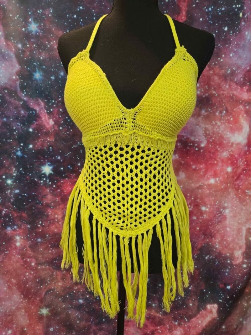 Crochet Knit Y2K Halter Crop Bikini Cover Top Neon Bright Yellow Festival Boho